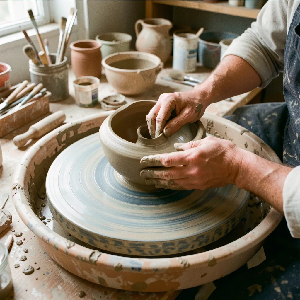 Close-up view of pottery making process